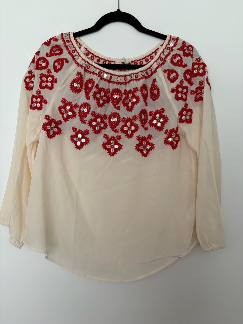 Tory Burch Cream Blouse with Dark Orange Embroidered Motif